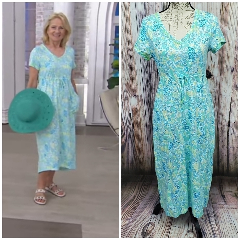 𝅺Stan Herman Spring Bloom Aqua Hi Low Tie Dress